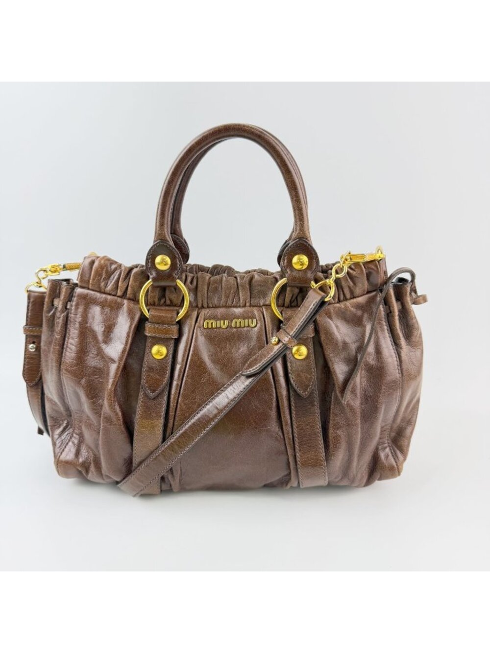 Miu Miu Vitterolux Gathered 2-Way Shoulder Bag Leather Brown Gold Vintage